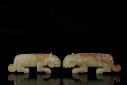 Chinese Hetian Jade Carved Tigers,Pair
