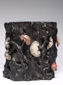 Chinese Zitan Wood Brushpot w Soapstone Inlaid