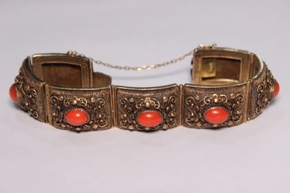Chinese Filigree Bracelet Cuff w Coral