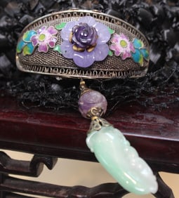 Chinese Enamel Filigree Brooch w Jadeite