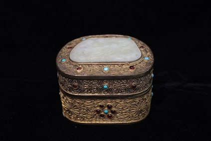 Chinese Gilt Silver Box w Jade Inlaid