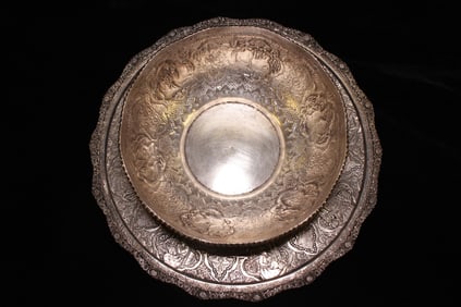 Fine Persian Hand Traced Round Silver Bowl w match
