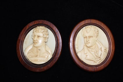 Pair of Signed Carved Oval Figurine Plaque,19th.C
