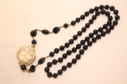 Japanese Carved Buddha Netsuke Pendant Necklace