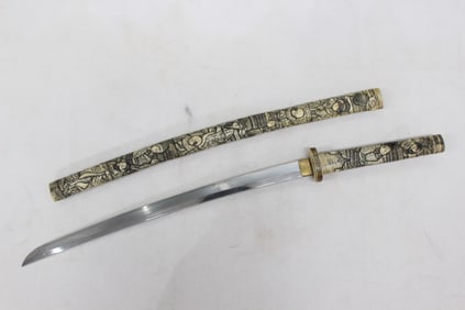 Japanese Wakizashi Sword with Carved Bone Fittings