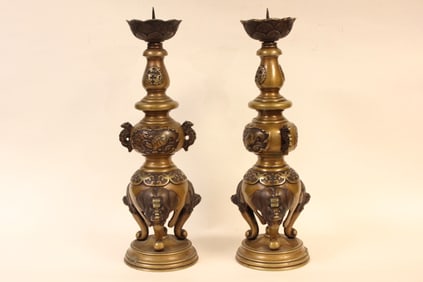 Japanese Bronze Candle Stick w Turtle&Beast,Pair