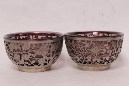 Pair of Chinese Glass Bowl w Silver Mount