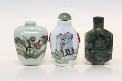 Three Chinese Famille Rose and Jadestone Snuff Bot
