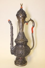 Armenian Silver Filigree Rose Water Ewer w Coral