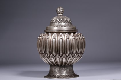 Qing Tibetan Silver Cover Jar w Lotus Design