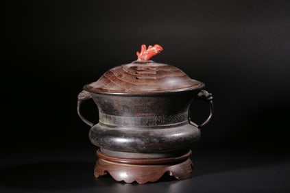 Chinese Bronze Incense Burner w Wood Cover