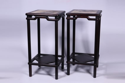 Pair of Chinese Wood Stand w Marble Inlaid