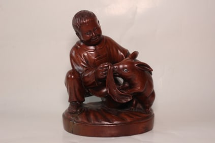 Chinese Huangyang Wood Carved Boy and Pig