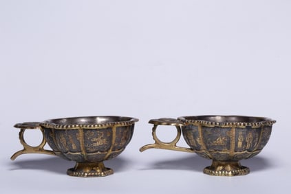 Pair of Chinese Gilt Silver Engraved Cups