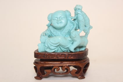 Chinese Turquoise Carved Boy Holding a Fish