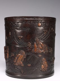 Chinese Zitan Wood Brushpot w Figural