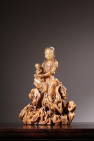 Chinese Soapstone Carved Guanyin and Boy Statue