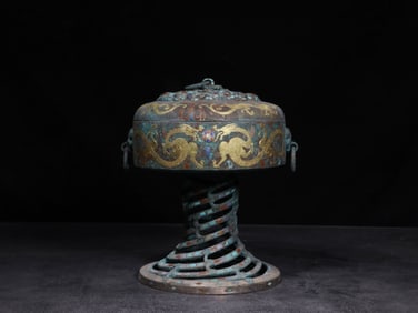 Chinese Bronze Cover Vessel w Gold&Silver Inlaid