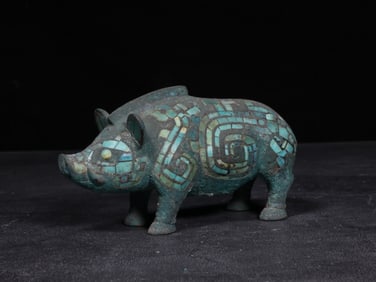 Chinese Bronze Pig w Turquoise  Inlaid