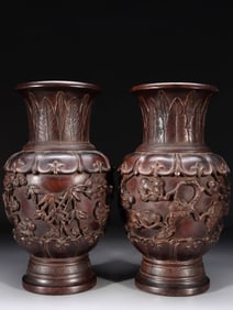 Chinese Zitan Wood Carved Vases,Pair