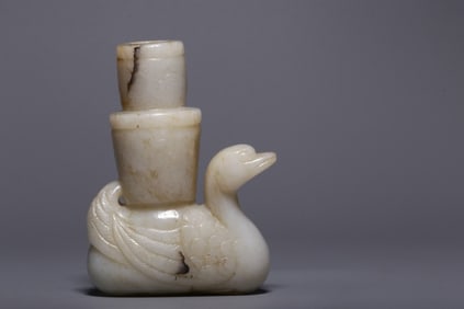 Chinese Hetisn Jade Carved Duck Candlestick