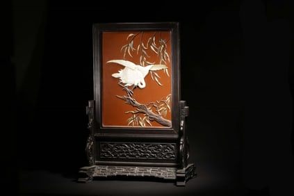 Chinese Lacquer Wood Table Screen w Soapstone
