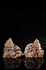 Chinese Hetian Jade Carved Dragon Phoenix Vessel
