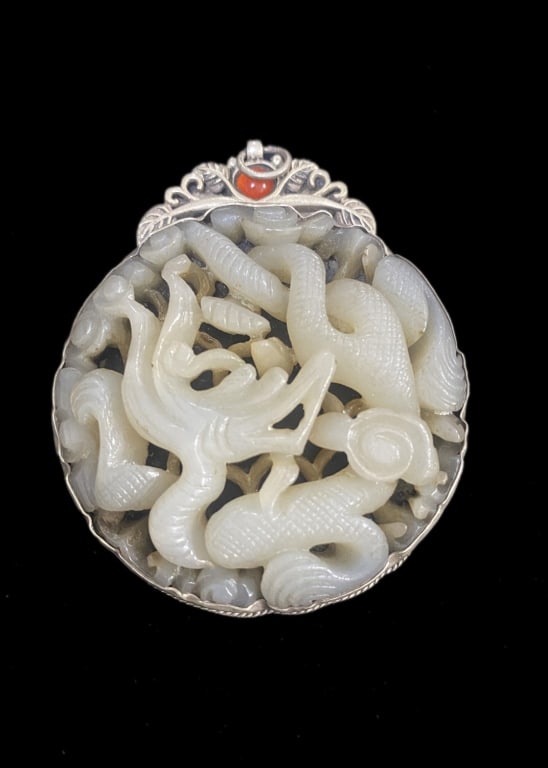 Chinese Jade Carved Plaque w Silver Mount (1 of 4)