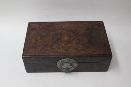 Chinese Wood Jewelry Box w Chinese Calligraphy