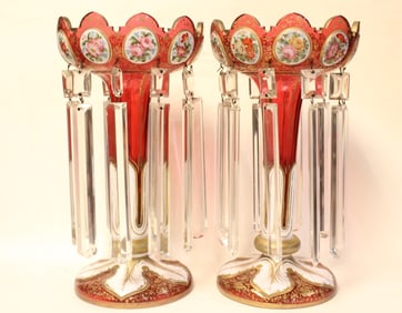 Pair of Bohemian White on Red Panel Luster