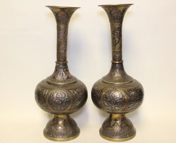 Pair of Syrian Brass Vase w Silver Inlaid, 19th.C