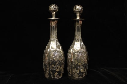 Pair of American Silver Over Glass Bottler w Stopp