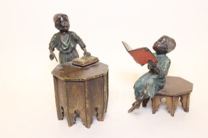 Two Cold Painted Bronze of Boy Reading Books