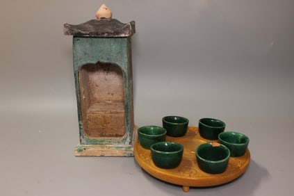Chinese Pottery Cups Set and Buddha Tower Case