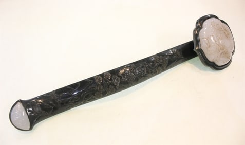 Chinese Spinach Jade Carved Ruyi w Jade Inlaid