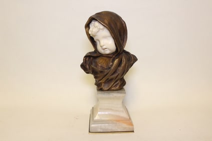 Signed Bronze and Marble Buster w Carved Face