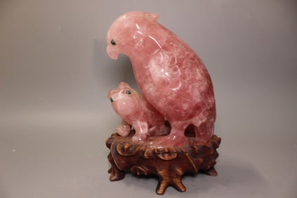 Chinese Pink Rose Quartz Carved Parrot