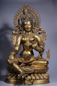 Chinese Gilt Bronze Buddha Sculpture w Turquoise I