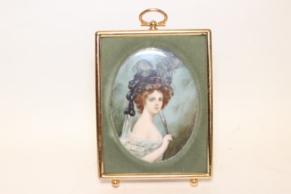 Signed Miniature Painting of a Lady Holding a Fan