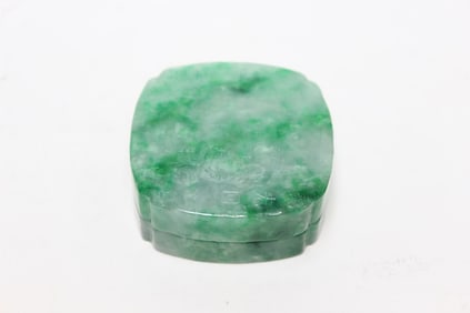 Chinese Jadeite Carved Cover Box w Calligraphy
