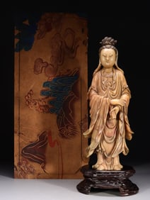 Chinese Furong Soapstone Carved Guanyin Statue