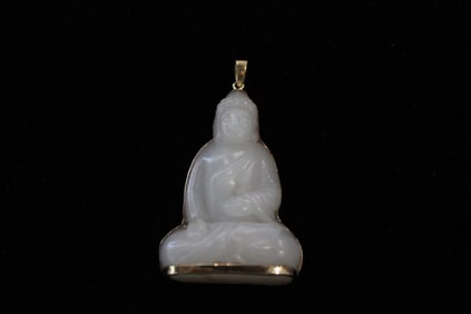 14K Gold Mount Jade Carved Buddha Pendant