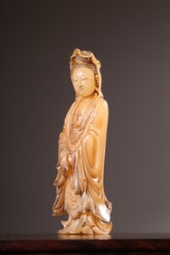 Chinese Soapstone Standing Guanyin Statue,Mark