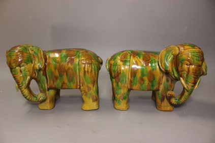 Pair of Chinese Porcelain Sancai Elephant
