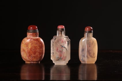 Three Chinese Inside Paint and Agate Snuff Bottles