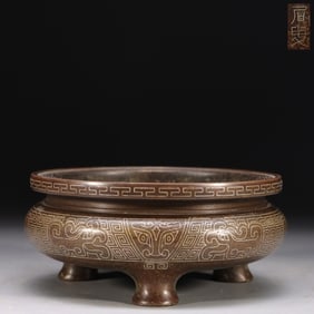 Chinese Bronze Footed Incense Burner w Silver Inla