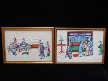 Two Antique Chinese Framed Rice Paper Paintings