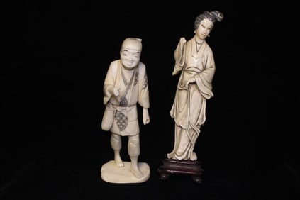 Two Hand Carved Bone Figurines
