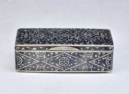 Large 19C Russian Silver Niello Snuff Box: Large 19th-century Russian Silver Niello Snuff or Tobacco Box. The rectangular shape box features intricate floral and scrollwork designs throughout. Interior is gold washed. Marked inside and lid for
