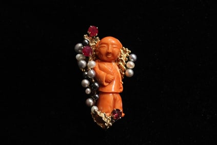 Beautiful Coral Carved Boy w 14K Gold and Ruby
